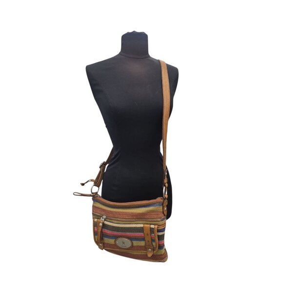 Fossil Maddox Multicolor Canvas Stripes Logo Pockets Zipper Crossbody Bag - Picture 1 of 12